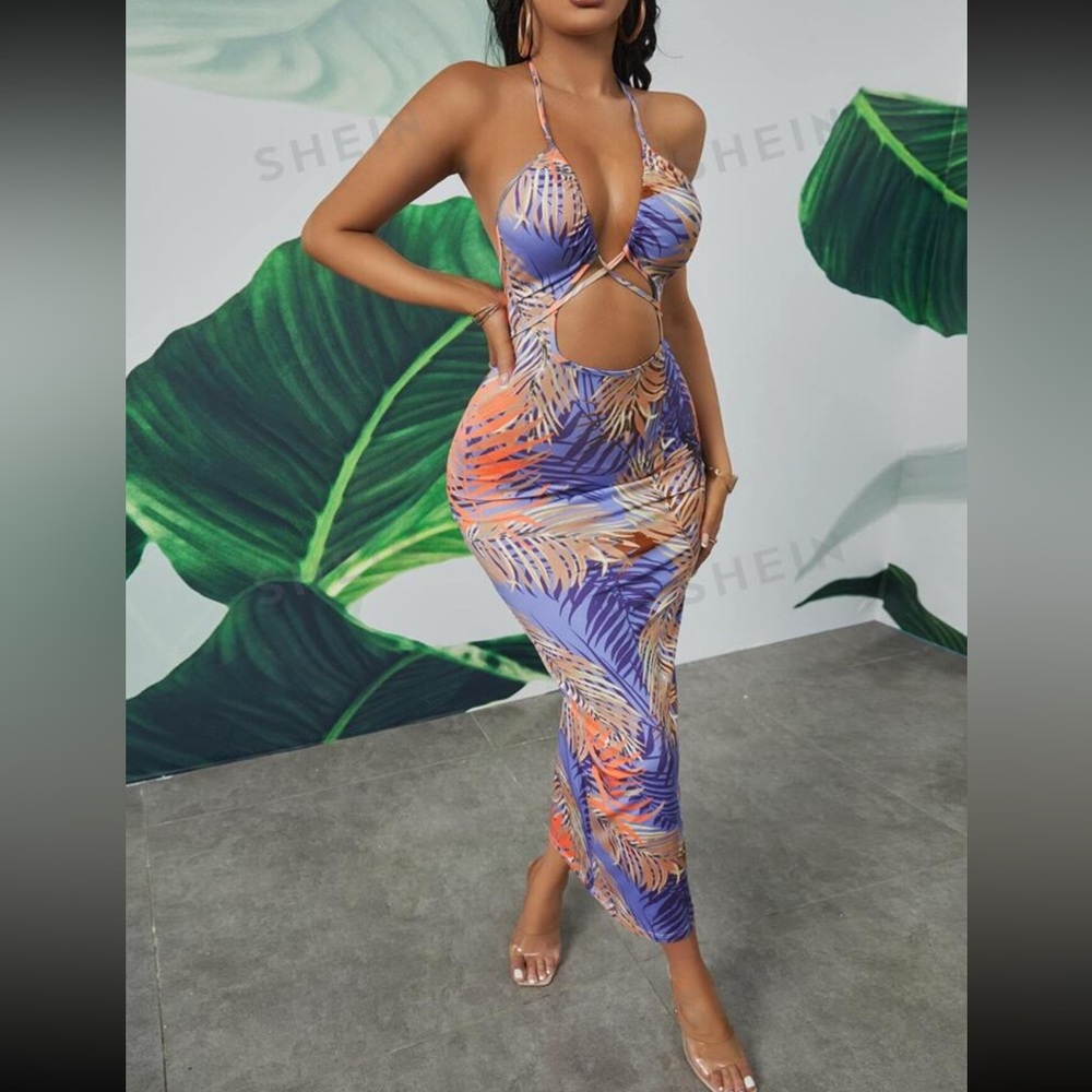 Tropical Print Crisscross Cut Out Tie Backless Halter Bodycon Dress